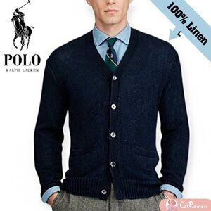 Polo Ralph Lauren 100% Linen Knit V-Neck Cardigan Sweater - Navy Blue - SMALL